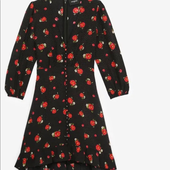 The Kooples Short printed dress with buttoned front black w/red flowers, size 2 - Picture 4 of 6